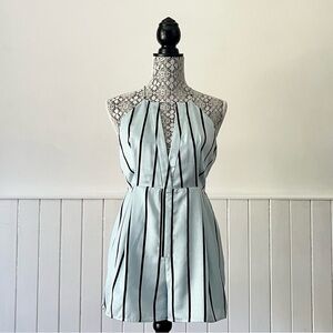 Finders Keepers Ice Blue & Black Striped Satin Sleeveless Playsuit Romper Size M
